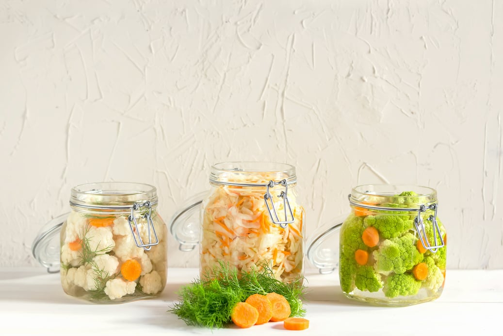 Fermented Preserved Vegetarian Food Concept. Cabbage, Broccoli,